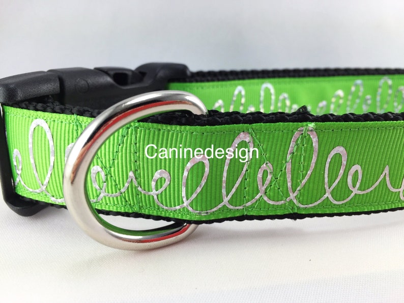 Dog Collar, Green Loops, 1 inch wide, adjustable plastic or metal side release buckle, or chain martingale image 2