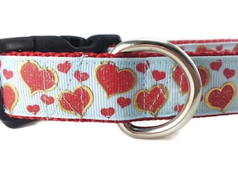 Valentine Dog Collar, Boy Hearts, 1 inch wide, adjustable; plastic or metal side release buckle, or chain martingale