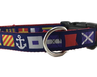 Dog Collar, Nautical Flags, 1 inch wide, adjustable; plastic or metal side release buckle, or chain martingale