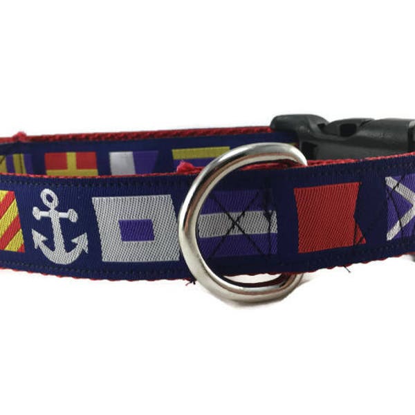 Dog Collar, Nautical Flags, 1 inch wide, adjustable; plastic or metal side release buckle, or chain martingale