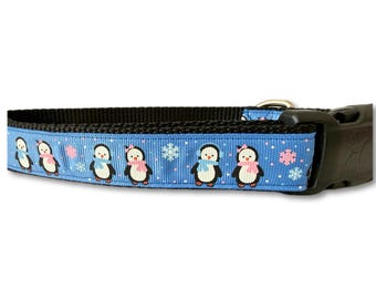 Penguin Dog Collar – Winter Dog Collar – Snowflake Dog Collar – Cute Holiday Pet Collar – Adjustable Handmade Dog Collar