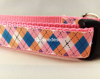 Pink and Blue Argyle, 1 inch wide, adjustable; plastic or metal side release buckle, or chain martingale