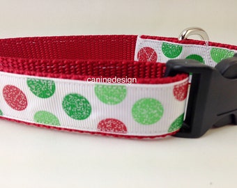 Christmas Dog Collar, Christmas Glitter Dots, 1 inch wide, adjustable; plastic or metal side release buckle, or chain martingale