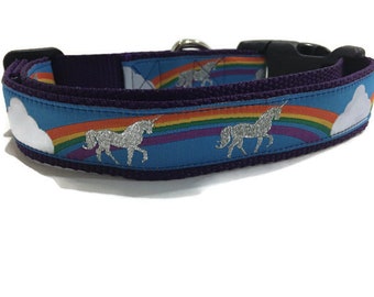 Dog Collar, Unicorns, 1 inch wide, adjustable, plastic quick release, metal buckle, chain, martingale, hybrid, nylon