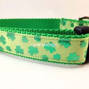 St Patricks Dog Collar, Shiny Shamrocks, 1 inch wide, adjustable; plastic or metal side release buckle, or chain martingale