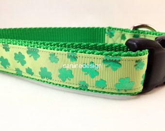 St Patricks Dog Collar, Shiny Shamrocks, 1 inch wide, adjustable; plastic or metal side release buckle, or chain martingale