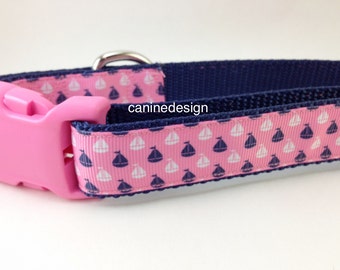 Dog Collar, Sailboats on Pink, 1 inch wide, adjustable; plastic or metal side release buckle, or chain martingale