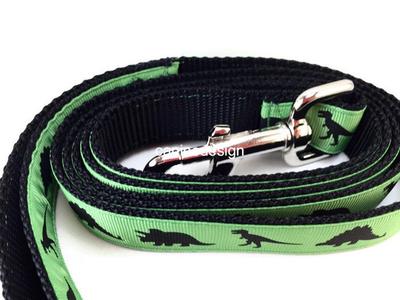 Dog Collar and Leash, Green Dinosaur, Dino, 4ft or 6ft leash, 1 inch wide, adjustable collar with plastic buckle, metal buckle, or chain image 3