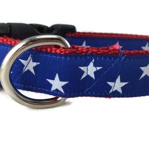 Patriotic Dog Collar – Red White & Blue Stars – 1&quot; Wide, Adjustable in S-XL – Plastic, Metal, or Martingale – Handmade USA Collar