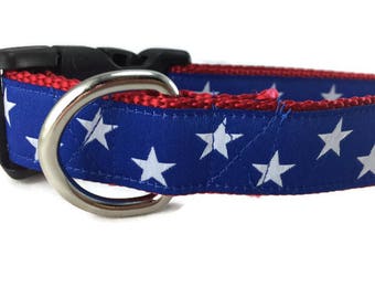 Dog Collar, Blue Stars, 1 inch wide, adjustable; plastic or metal side release buckle, or chain martingale, american, patriotic