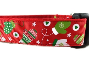 Christmas Dog Collar, Christmas Mittens,1 inch wide, adjustable; plastic or metal side release buckle, or chain martingale