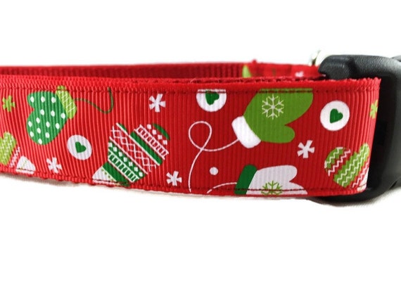 Christmas Dog Collar, Christmas Mittens,1 inch wide, adjustable; plastic or metal side release buckle, or chain martingale