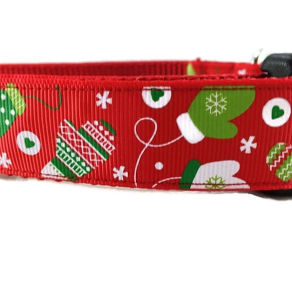 Christmas Dog Collar, Christmas Mittens,1 inch wide, adjustable; plastic or metal side release buckle, or chain martingale