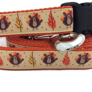 Thanksgiving Dog Collar and Leash, 4ft or 6ft leash, 1 inch wide, adjustable collar with plastic buckle, metal buckle, or chain