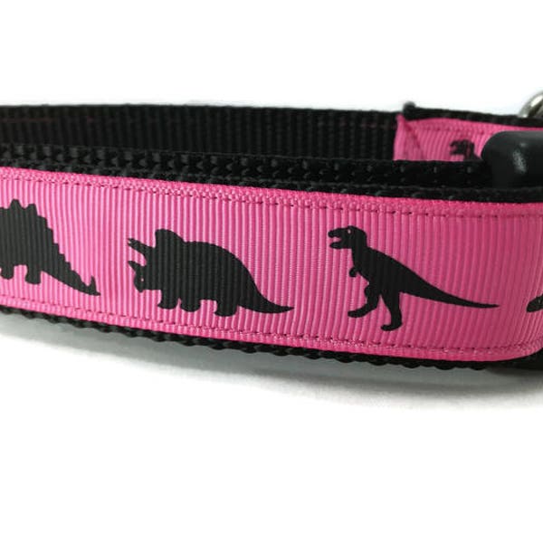Dog Collar, Pink Dino, Dinosaur, 1 inch wide, adjustable; plastic or metal side release buckle, or chain martingale