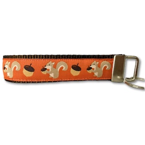 Squirrel Key Fob Wristlet, Fall Keychain, Acorn Keychain, Handmade Fabric Keychain, Autumn Gift, Orange Key Ring