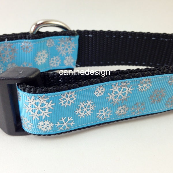 Christmas Dog Collar, Blue Silver Snowflake,1 inch wide, adjustable, quick release, metal buckle, chain, martingale, hybrid, nylon