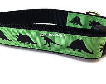 Dog Collar, Green Dino, Dinosaur, 1 inch wide, adjustable, plastic quick release, metal buckle, chain, martingale, hybrid, nylon