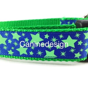 Dog Collar, Blue Green Stars, Glow in the Dark, 1 inch wide, adjustable; plastic or metal side release buckle, or chain martingale