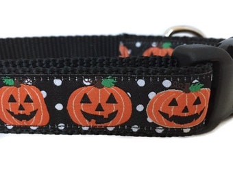 Pumpkin Polkadot Dog Collar and Leash, 4ft or 6ft leash, 1 inch wide, adjustable collar with plastic buckle, metal buckle, or chain