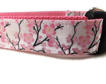 Cherry Blossom Dog Collar – Pink Floral Spring Collar for Dogs – 1&quot; Wide Adjustable with Buckle or Martingale – Handmade in USA