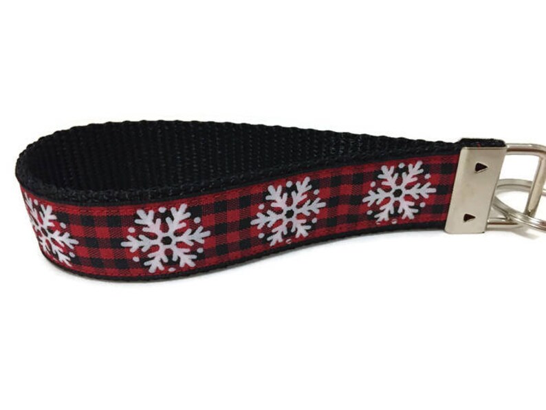 Christmas Keychain, Plaid Snowflake, Key fob, Wristlet image 1