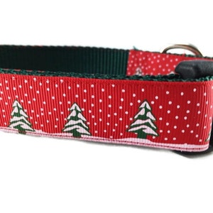 Christmas Dog Collar, Red Trees, 1 inch wide, adjustable, quick release, metal buckle, martingale, chain, hybrid, nylon
