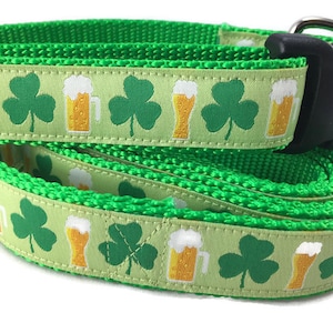 Dog Collar and Leash, Shamrocks and Beer, 4ft or 6ft leash, 1 inch wide, adjustable collar with plastic buckle, metal buckle, or chain image 1