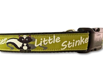 Little Stinker Dog Collar – Funny Skunk Dog Collar – Adjustable Handmade Collar – Buckle or Chain Martingale – S M L XL