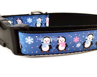 Christmas Dog Collar, Blue Penguins,1 inch wide, adjustable; plastic or metal side release buckle, or chain martingale