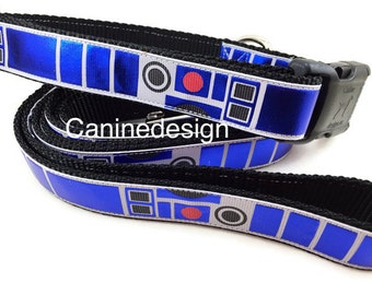 Star Wars Dog Collar and Leash, R2D2, 4ft or 6ft leash, 1 inch wide, adjustable collar with plastic buckle, metal buckle, or chain