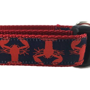 Lobster Dog Collar – Nautical Summer Dog Collar – Red Lobster on Navy – 1&quot; Wide Adjustable with Buckle or Martingale – Handmade USA