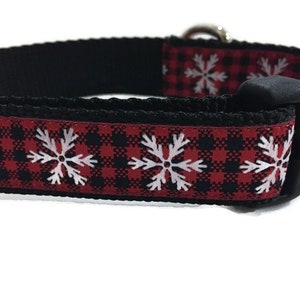 Plaid Snowflake Dog Collar – Red Buffalo Check Winter Collar – 1&quot; Wide Adjustable with Buckle or Martingale – Handmade Holiday Collar
