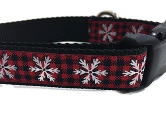 Plaid Snowflake Dog Collar – Red Buffalo Check Winter Collar – 1&quot; Wide Adjustable with Buckle or Martingale – Handmade Holiday Collar