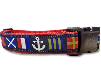 Nautical Flags Dog Collar – Signal Flag Collar with Buckle or Chain Martingale – 1" Wide Adjustable – Handmade Maritime Pet Gear