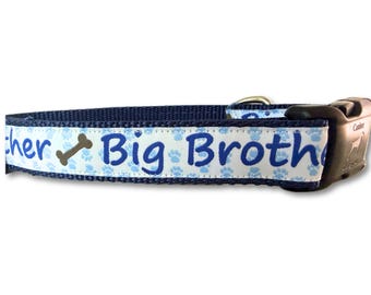 Big Brother Dog Collar – Adjustable Handmade Dog Collar – Buckle or Chain Martingale – Blue Paw Print Collar