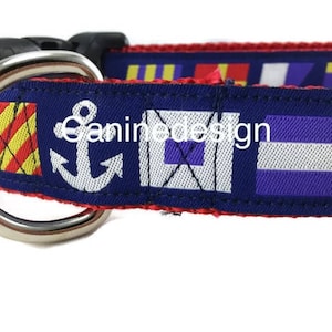 Dog Collar and Leash, Nautical Flags, 4ft or 6ft leash, 1 inch wide, adjustable collar with plastic buckle, metal buckle, or chain