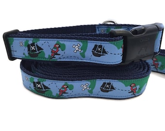 Dog Collar and Leash, Pirates, 4ft or 6ft leash, 1 inch wide, adjustable collar with plastic buckle, metal buckle, or chain