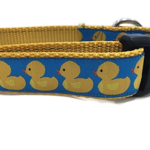 Rubber Duck Dog Collar – Yellow Duck on Blue – 1" Wide Adjustable Collar with Buckle or Martingale – Handmade & Fun Pet Gift