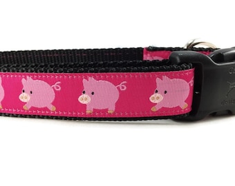 Pig Dog Collar – Pink Pig Print on Hot Pink – 1&quot; Wide, Adjustable in S-XL – Handmade with Plastic, Metal, or Chain Option