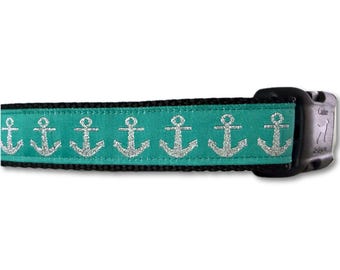 Teal Anchor Dog Collar – Nautical Dog Collar – Adjustable Handmade Collar – Buckle or Chain Martingale