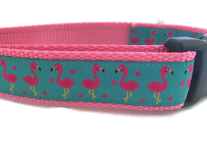 Dog Collar, Flamingo, 1 inch wide, adjustable; plastic or metal side release buckle, or chain martingale