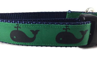Dog Collar, Whales,1 inch wide, adjustable, plastic quick release, metal buckle, chain, martingale, hybrid, nylon