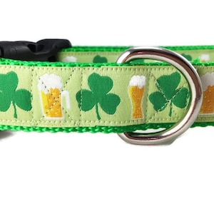Shamrock & Beer Dog Collar – St. Patrick’s Day Dog Collar – 1&quot; Wide Adjustable with Buckle or Martingale – Handmade in USA