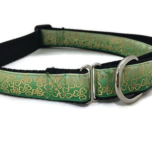 St Patricks Dog Collar, Gold Swirl Shamrocks, 1 inch wide, adjustable; plastic or metal side release buckle, or chain martingale