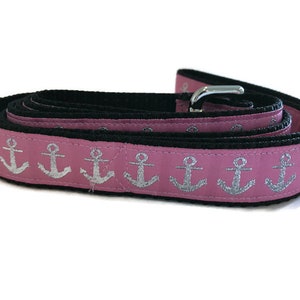 Pink Anchor Dog Leash – 4ft or 6ft – Optional Padded Handle – Nautical Nylon Leash with Metallic Accents