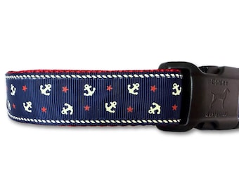 Nautical Anchor Dog Collar – Navy Dog Collar – Adjustable Handmade Collar – Buckle or Chain Martingale – S M L XL