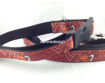 Dog Collar and Leash, Virginia Tech, 4ft or 6ft leash, 1 inch wide, adjustable collar with plastic buckle, metal buckle, or chain