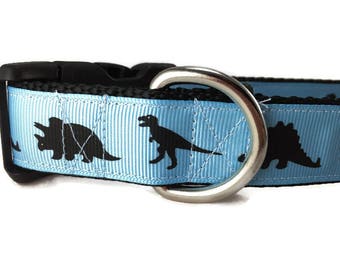 Dog Collar, Blue Dino, Dinosaur, 1 inch wide, adjustable; plastic or metal side release buckle, or chain martingale