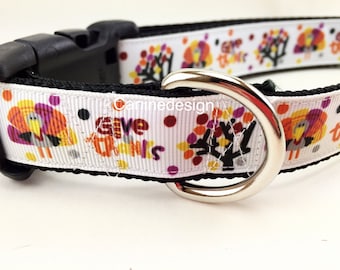 Thanksgiving Dog Collar – “Give Thanks” Turkey Collar – Fall Dog Collar 1" Wide Adjustable – Handmade with Plastic or Martingale Buckle